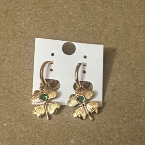 Gold Clover Drop Earrings with Green Gem